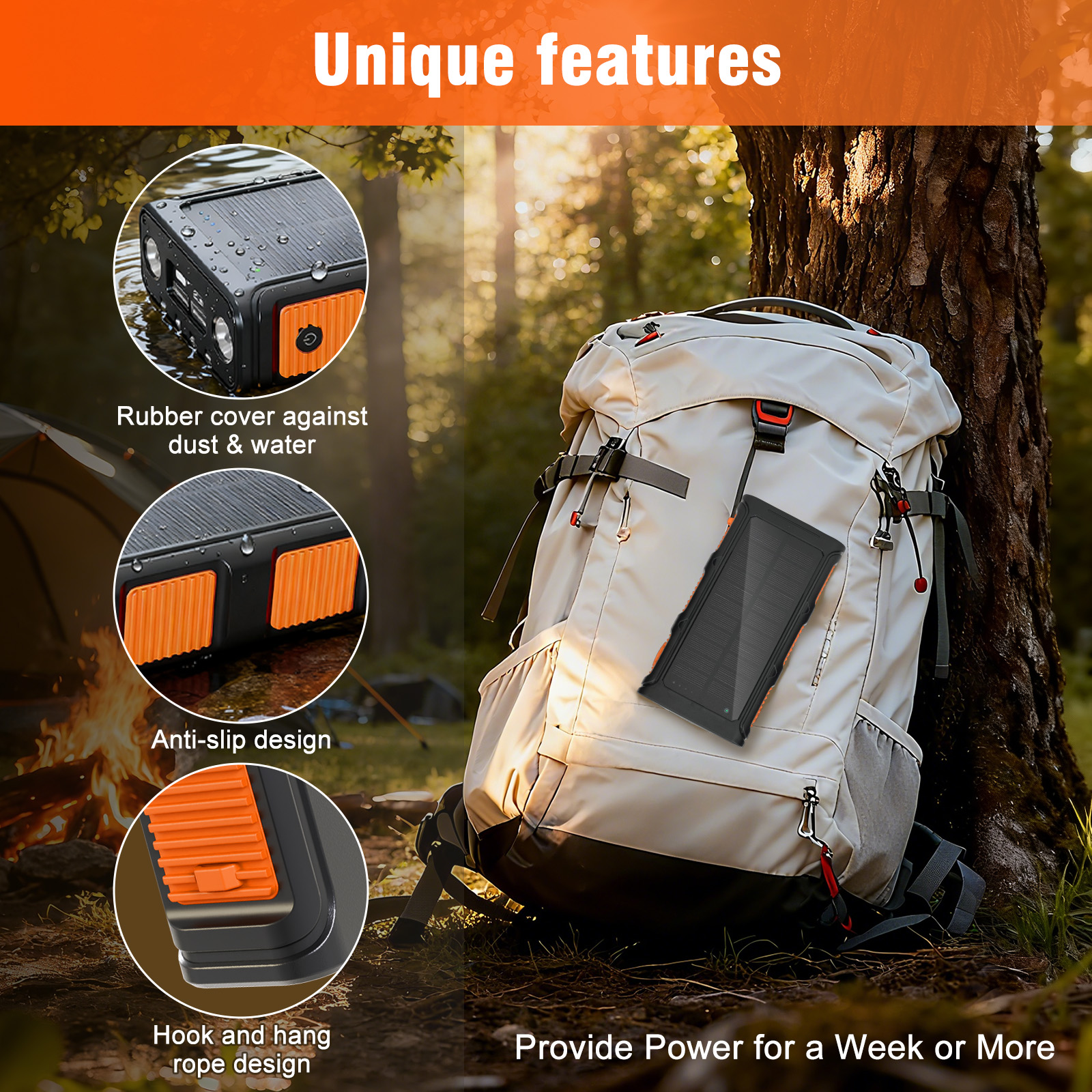 Power Bank Wireless Charger 68800mAh Built in Hand Crank and 4 Cables 15W Fast Charging Power Bank 7 Outputs & 4 Inputs Solar Portable Charger, SOS/Strobe/Strong Flashlights, Compass(Orange)