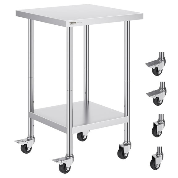 VEVOR Stainless Steel Work Table 24 x 24 x 38 Inch, 700 LBS Load Capacity with 4 Wheels, 3 Adjustable Height Levels, Heavy Duty Food Prep Worktable for Commercial Kitchen Restaurant, Silver