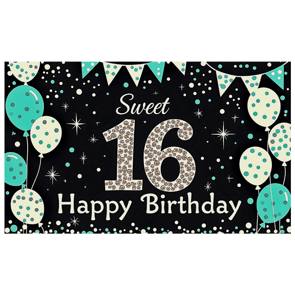 Black Backdrop Banner with Teal White Balloons Polka Dots and Sparkling 16 for Sweet 16 Birthday Party Happy Birthday Decorations Photography Props Party Supplies Background Decors