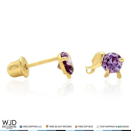 Amethyst Elephant - 14K Solid Yellow Gold Round Cut Amethyst Elephant Baby Screwback Stud Earrings