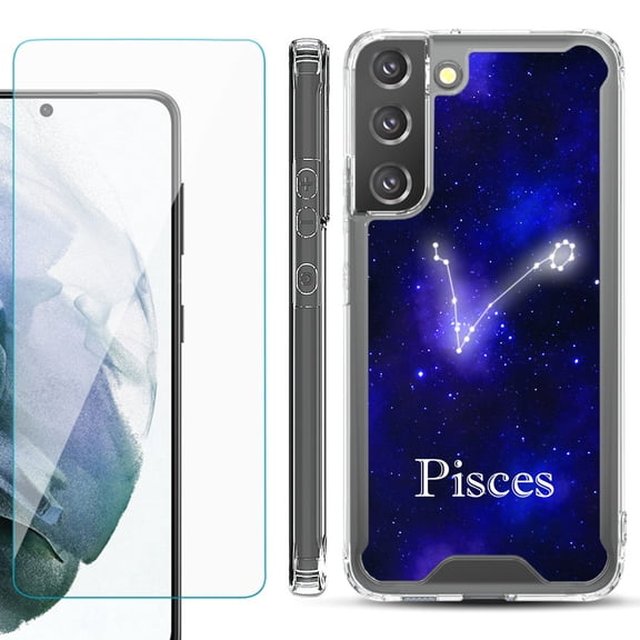 Shockproof Bumper Phone Case for Samsung Galaxy S22 5G, with Tempered Glass Screen Protector, by OneToughShield ® - Zodiac / Pisces