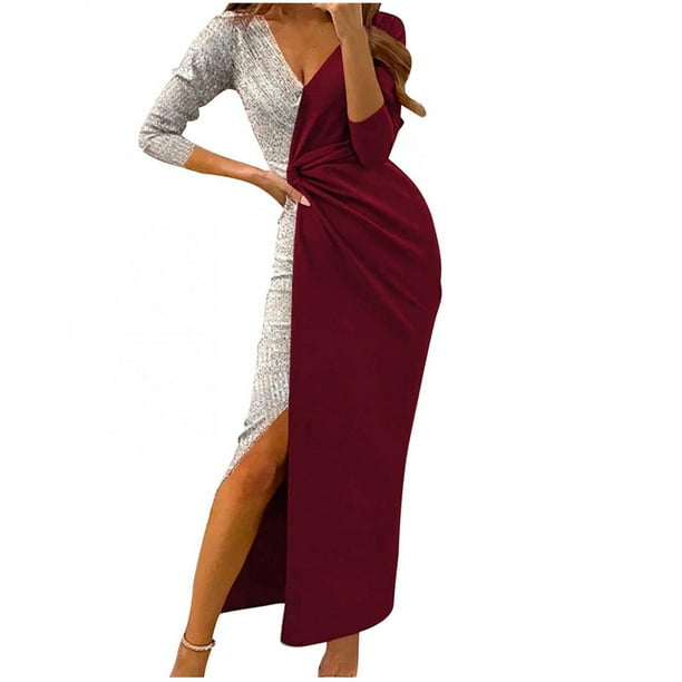 Vestido hasta el tobillo de manga larga con escote en V sexy para mujer Fridja NMB4553