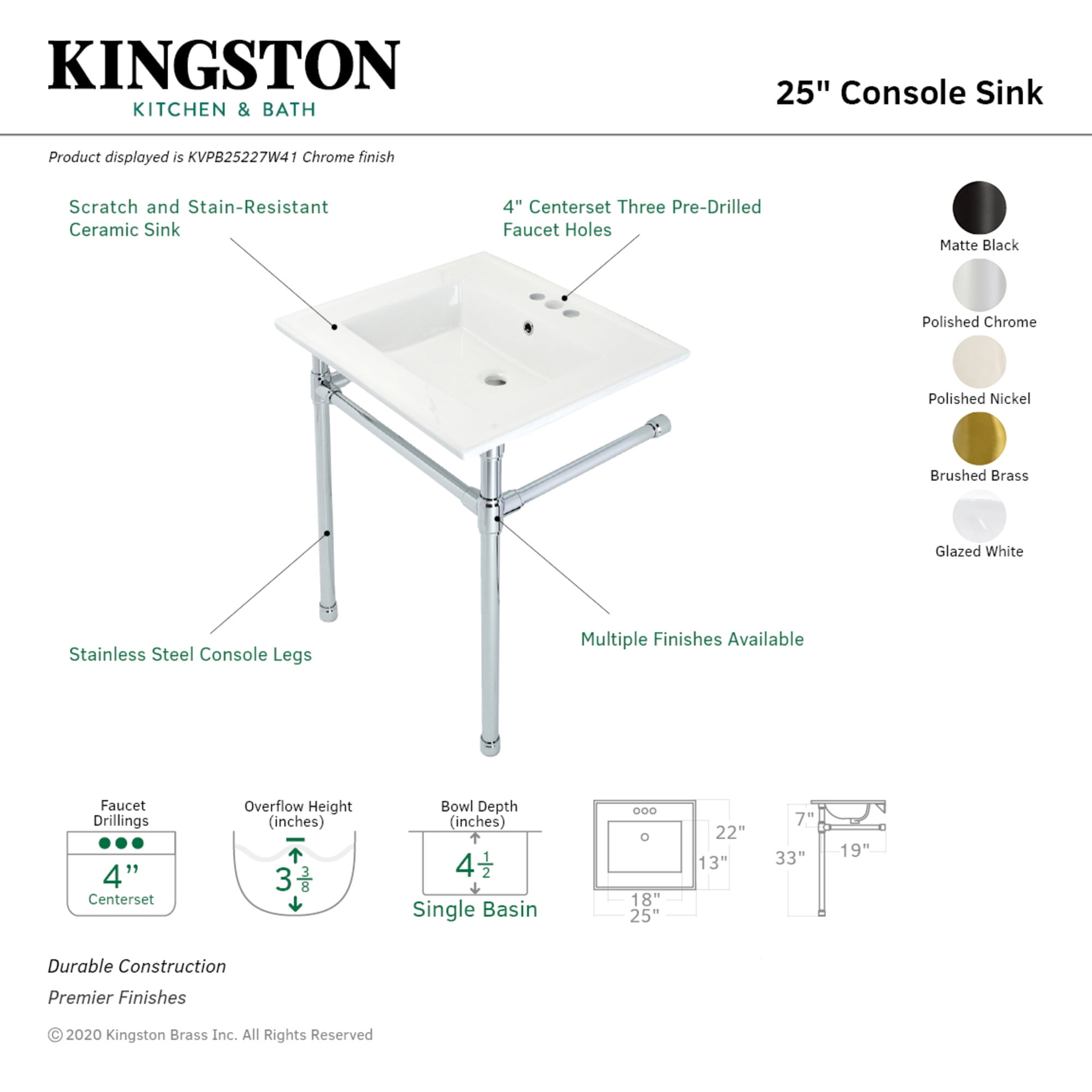 Kingston Brass KVPB25227W41 Dreyfuss 25" Ceramic Console Sink with Stainless Steel Legs (4-Inch, 3-Hole), White/Polished Chrome