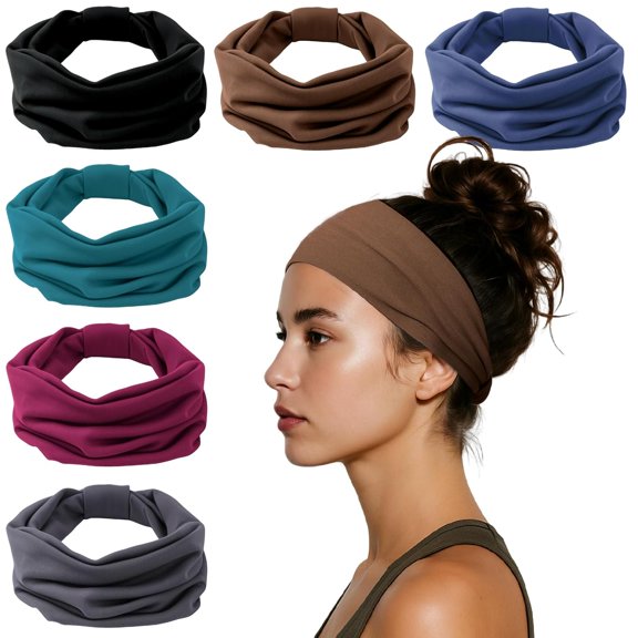 Headbands for Women, Wide Elastic Head Bands, Non-Slip Thick Hair Bands, Sports Stretchy Sweat Bands, Large Knotted Soft Headband for Washing Face, Makeup, Workout, Spa, Running, Fashion, 6-Pack