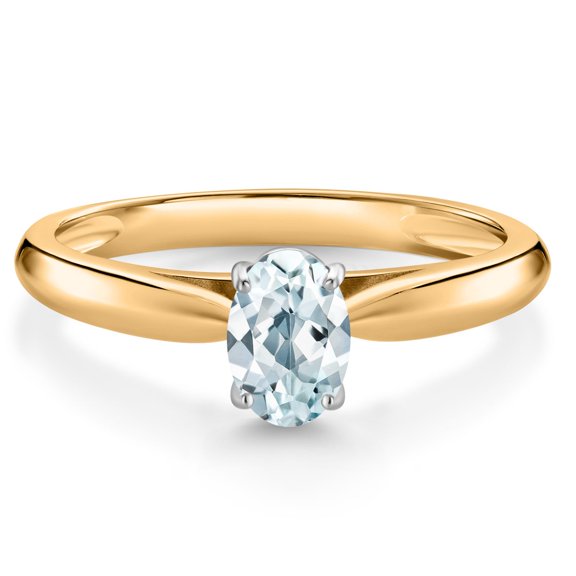 Gem Stone King 0.50 Ct Oval Sky Blue Aquamarine 10K Yellow and White Gold Solitaire Engagement Ring (Size 8)