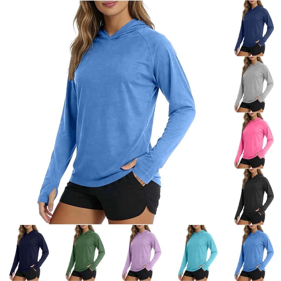 Afuyipoi Women UPF 50 Sun Protection Shirt,Thumb Holes Quick-Drying Sporty & Casual Long Sleeve Shirt Light Blue M
