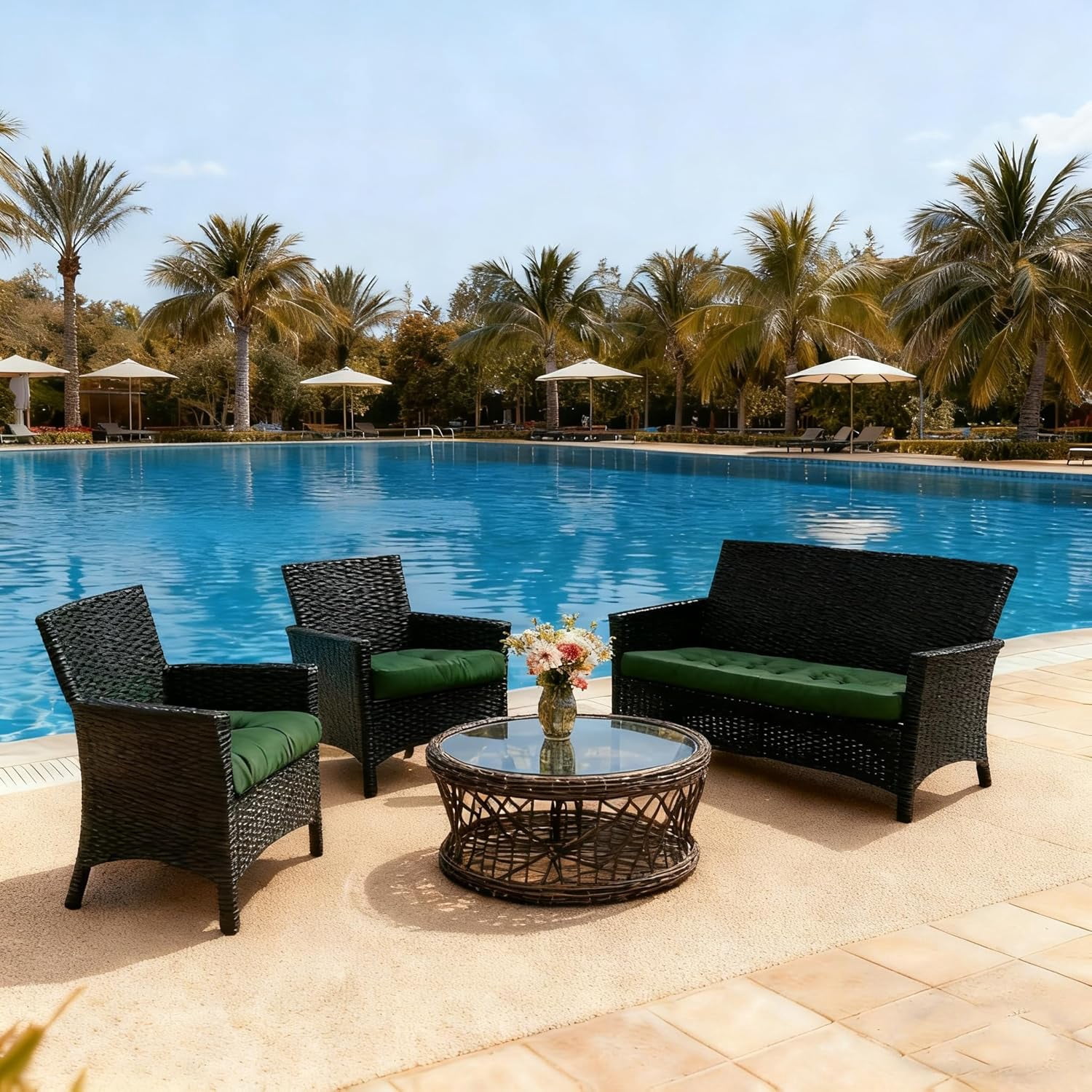 Wicker Chair Cushions Set of 3, Waterproof Outdoor Cushions Set for Patio Furniture, 1 Loveseat & 2 Seat Pads, Thick Outdoor Replacement Cushions for Porch Lawn Bench Couch Sofa, Emerald