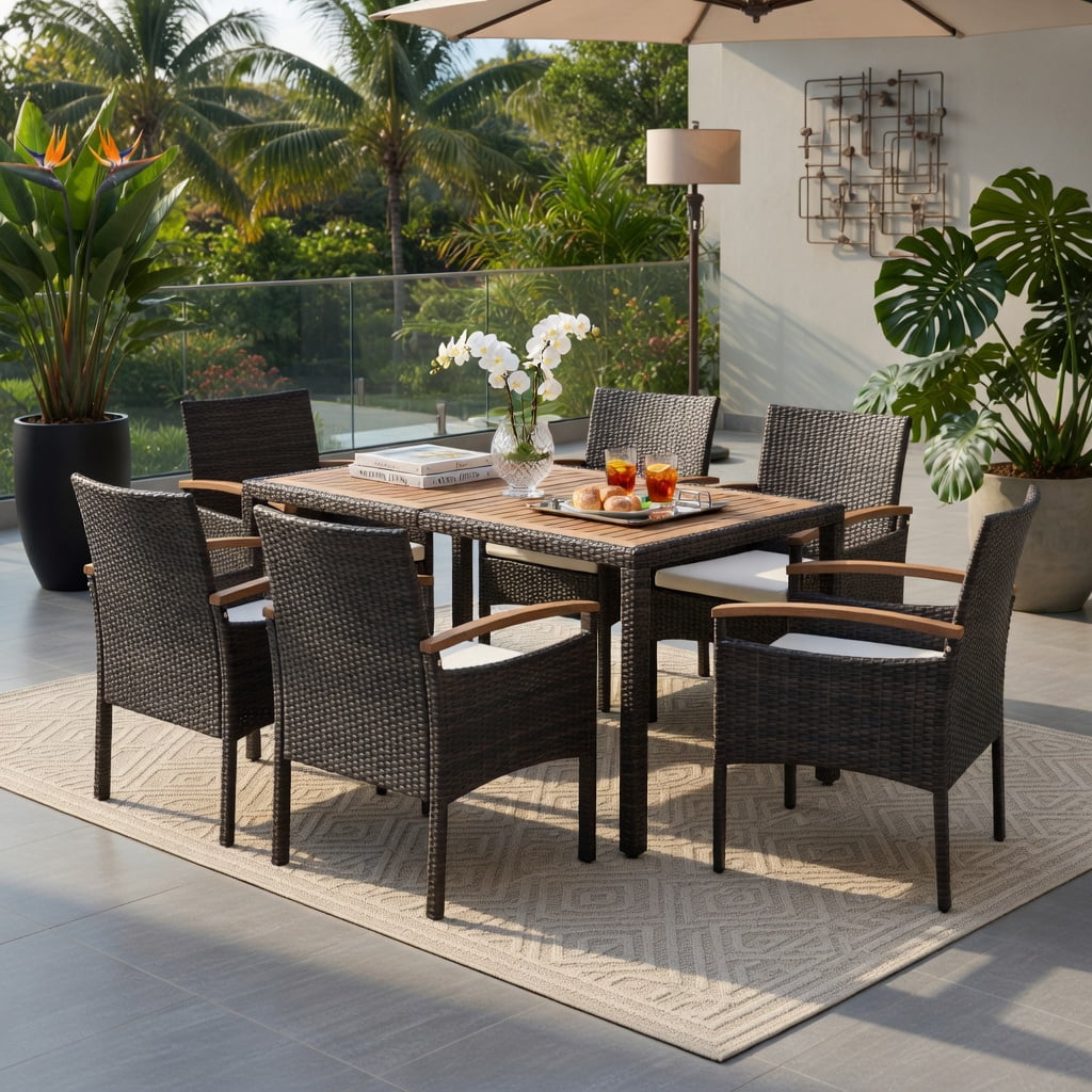 Hommoo Acacia Wood & PE Rattan Patio Dining Chairs Set of 2, Heavy-Duty Metal Frame, Ergonomic Design for Backyard, Poolside & Balcony, Off-White