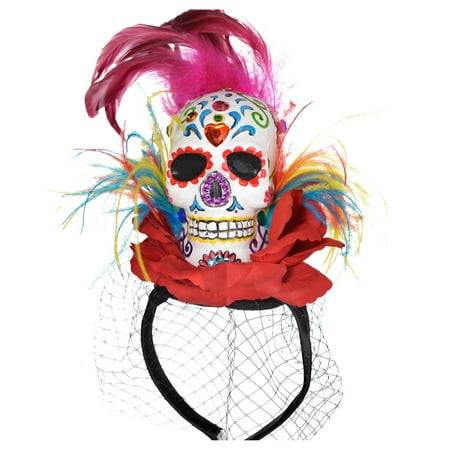 Suit Yourself Day of the Dead Sugar Skull Fascinator Headband Couture for Adults, Features a Colorful Skull and a (Best Way To Bald Your Head)