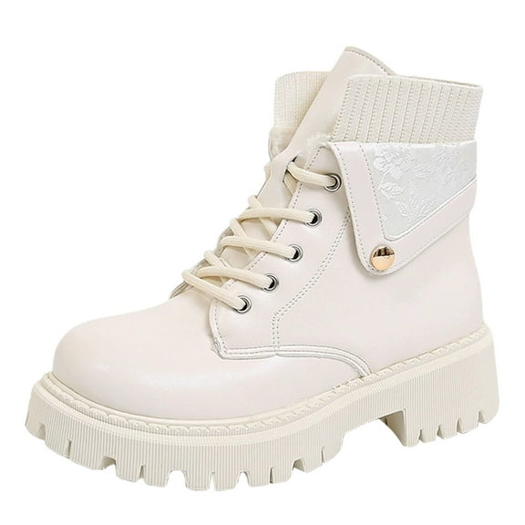 Fashion Platform Fold Combat Boots for Women Wide Toe Box Comfortable Slip On Lace Up Ankle Booties