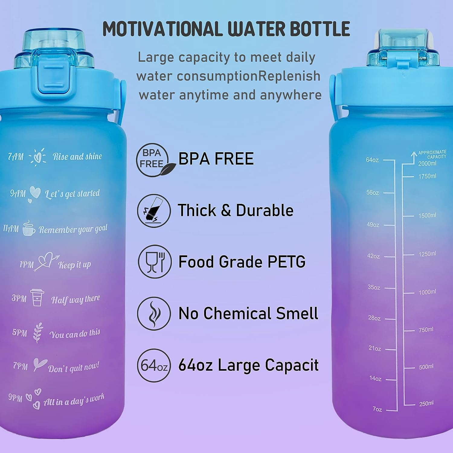 64 oz Cute Water Bottle with Sleeve BPA Free Half Gallon Water Jug with Straw and Time Marker, Motivational Gym Workout Pregnancy Water Bottles Gifts for Women
