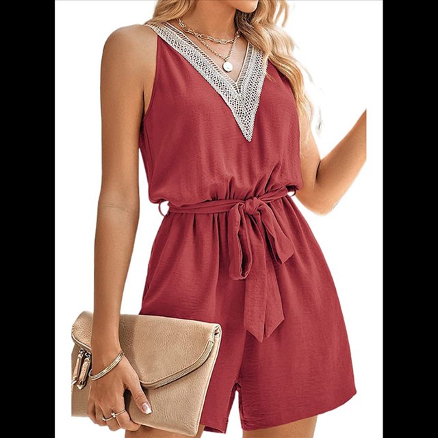 Mono Corto Sexy de Verano para Mujer con Cuello en V, Sin Mangas, Informal, con Lazo en la Cintura y Bolsillo, 2025 Rojo Ladrillo L