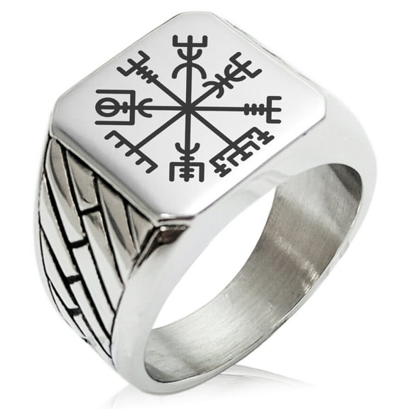 Stainless Steel Vegvisir Viking Compass Geometric Pattern Biker Style Polished Ring