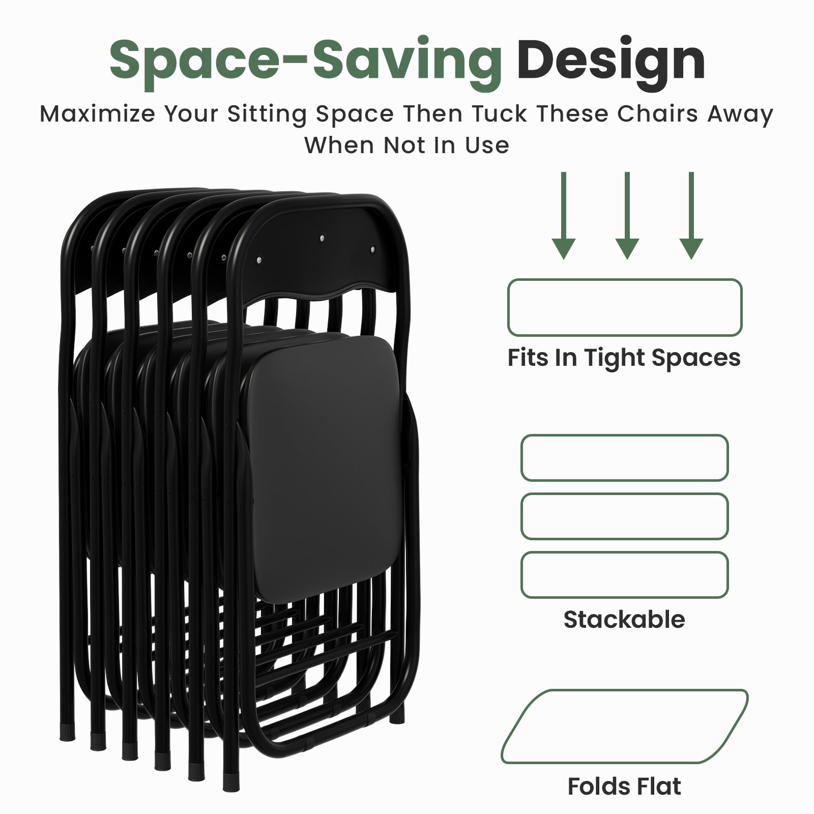 Gelloan 6 Pack Folding Chairs, Indoor Outdoor Portable Stackable Commercial Leather Padded Seat，Wedding Chairs with Metal Frame Home Office Party Use,Black