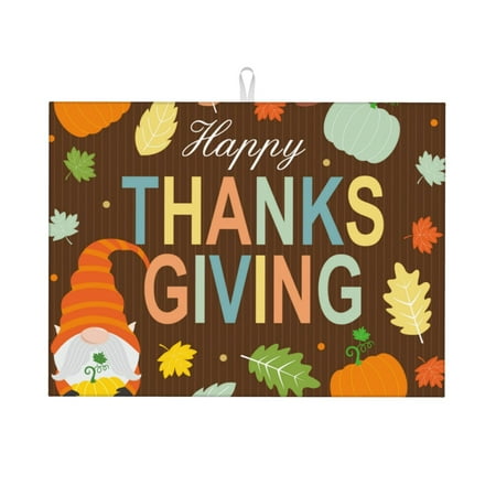 

Tebeau Happy Thanksgiving With Gnome Print Dish Drying Mat for Kitchen Counter Dish Drying Pad with Non-slip Rubber Backed Hide Stain Anti Absorbent for Kitchen Counter Drying Mat