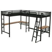 Euroco Metal L-Shaped Twin Size Loft Bed with Two Desk for Kids Teens Bedroom, Black