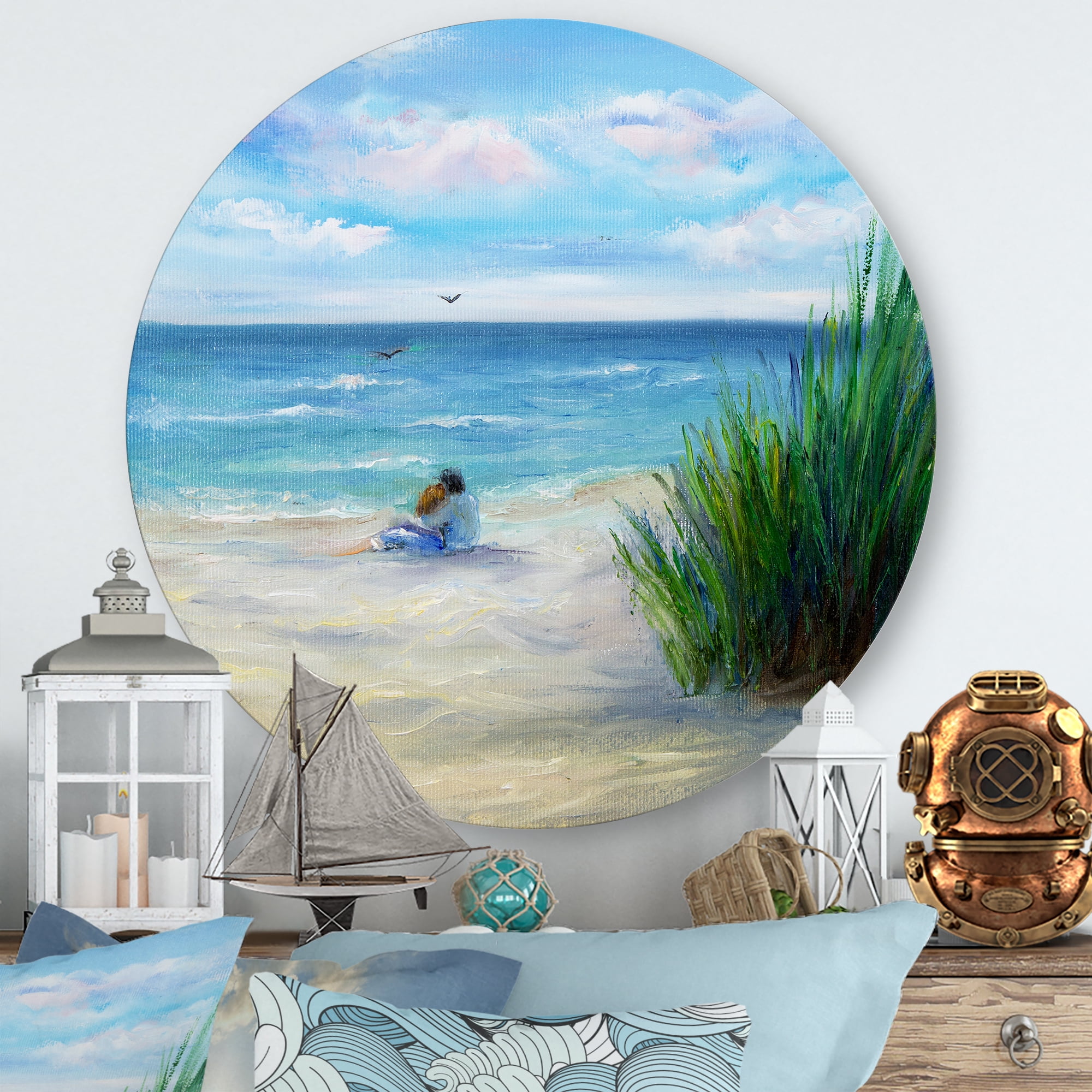 Designart 'Couple Sitting In Love By The Beach' Nautical & Coastal Circle Metal Wall Art 23x23 - Disc of 23