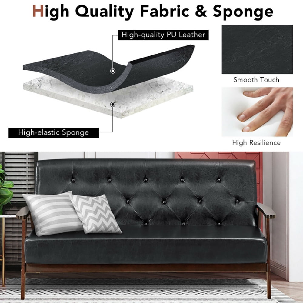 Finihen Upholstered Sofa Couch, Leather Couch, 3-Seater PU Leather Upholstered Sofa Couch with Rubber Wood Legs, for Living Room, Bedroom, Black