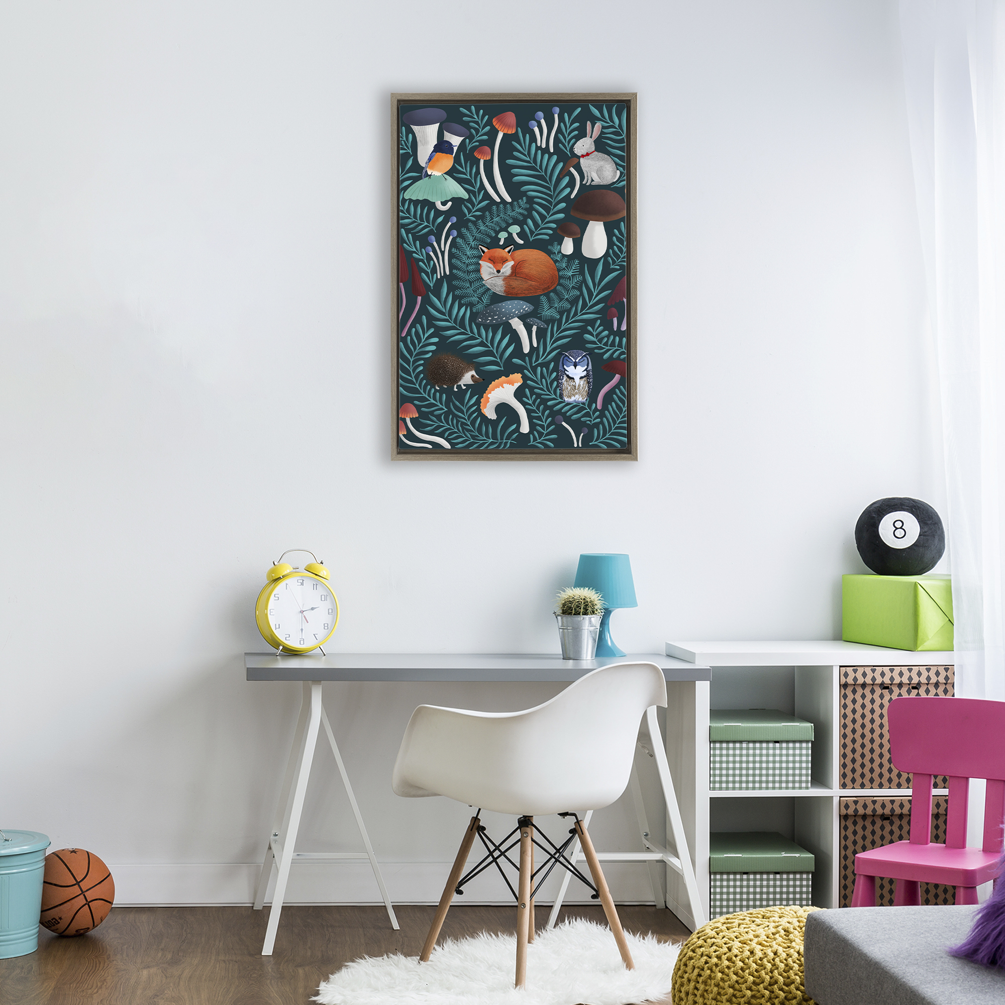 Woodland Animals & Botanical Sprigs Brown Framed Floater Canvas Wall Art, design by Metka Hiti