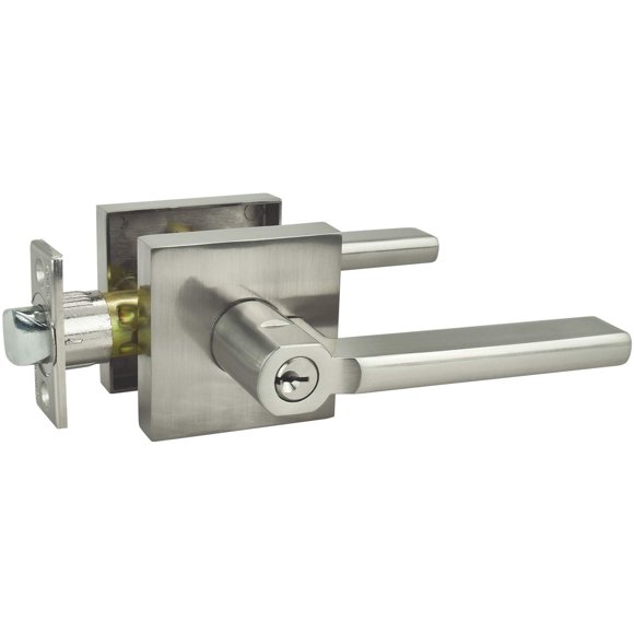 Nuk3y Hulk Series Lever Door Handle Slim Square Modern Contemporary Lever Set (Entry, Satin Nickel)