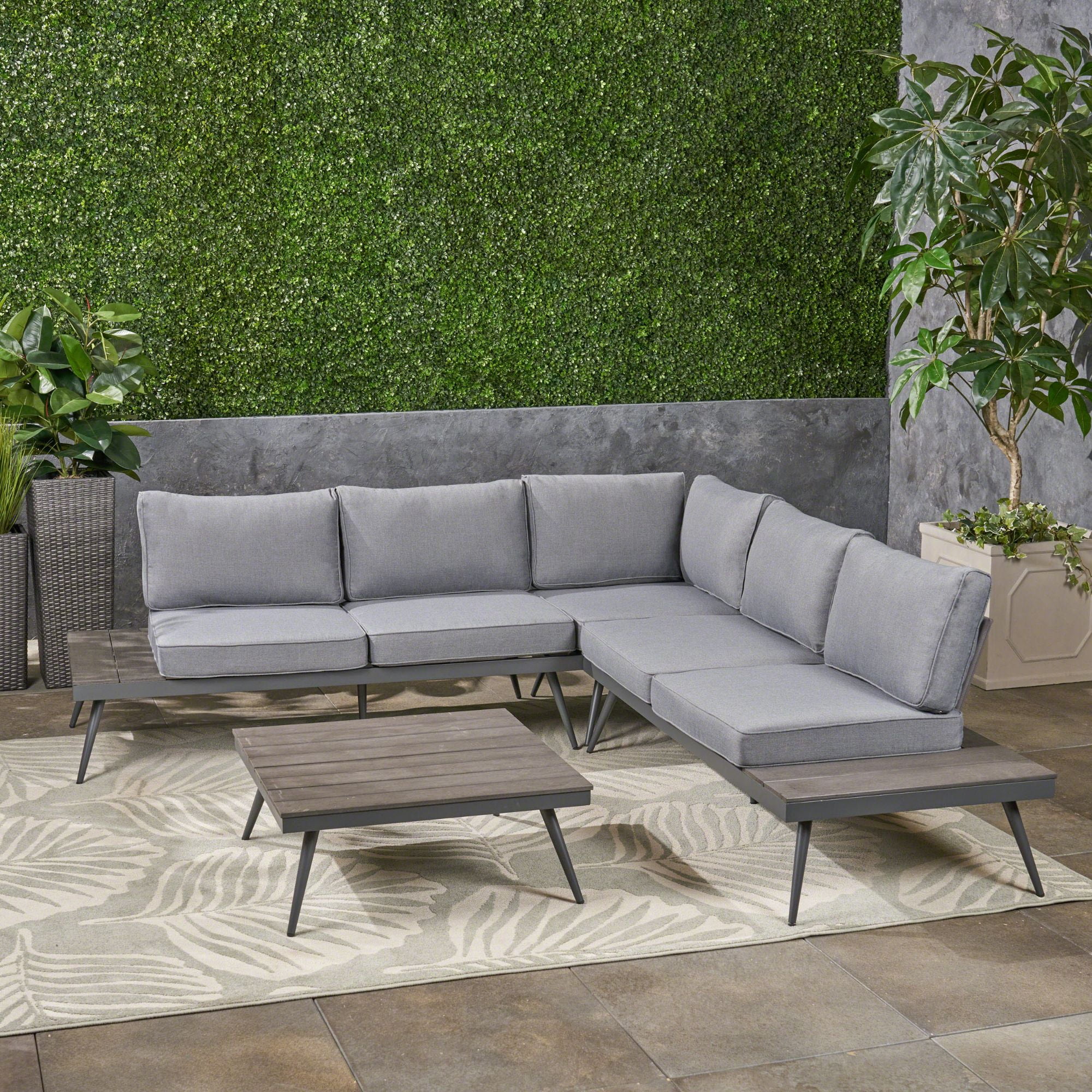 4Piece Gray Finish Wood and Aluminum VShaped Outdoor Furniture Patio