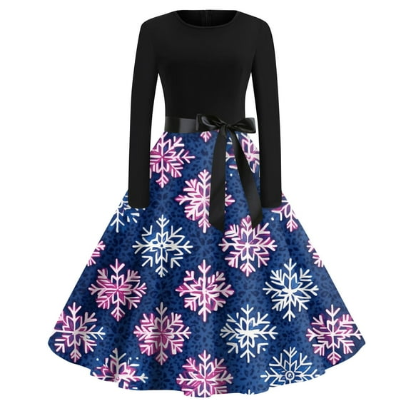 Christmas Dresses for Women Plus Size Glitter Xmas Tree Print Vintage Dresses Crew Neck Long Sleeve Cute Snowflake Cocktail Swing Dress Holiday Christmas Costumes