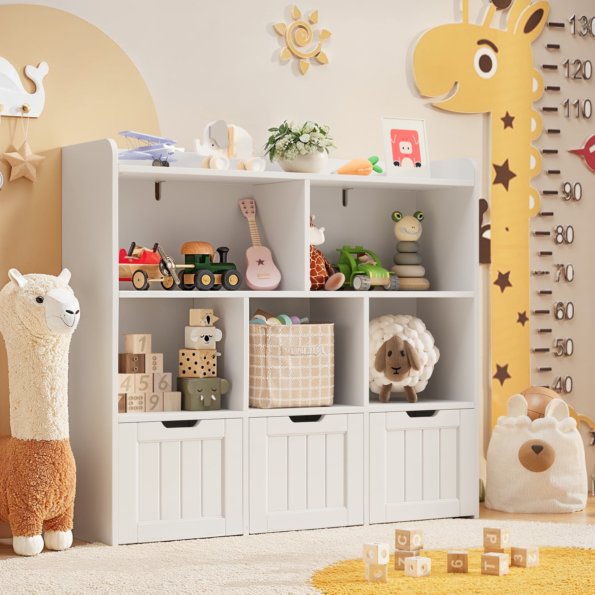 Kids Toy Storage Cabinet with 3 Movable Drawers and Bookshef, Noelse Nursery Playroom Storage Furniture Toy Box with bookshelf for Kids Room Organizer, White