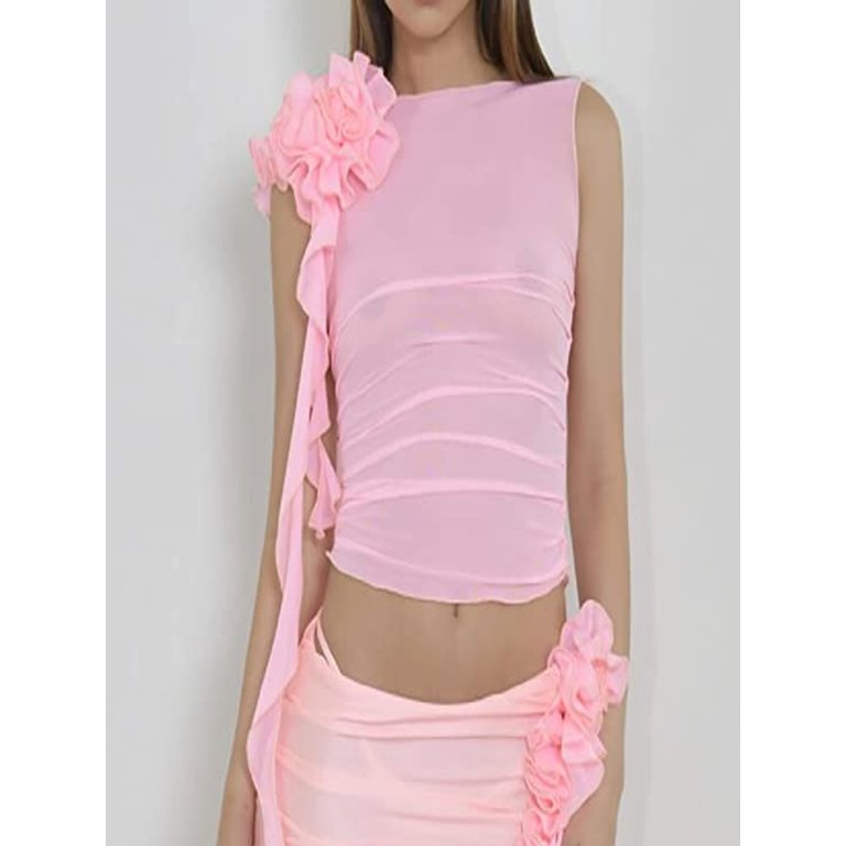 Ruffle Trim Cami Vest Top Pink –