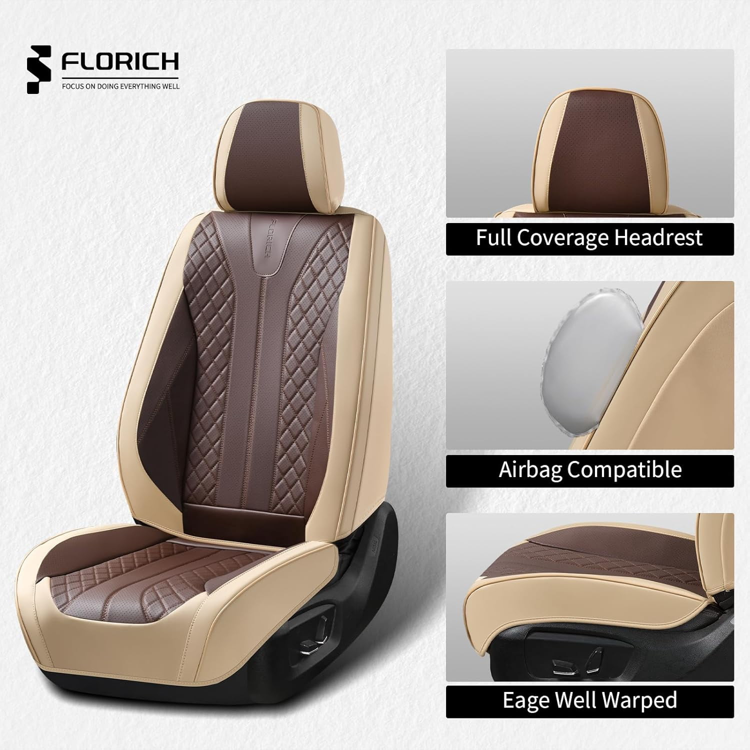 FLORICH Full Set Car Seat Covers, Premium Faux Leather Seat Protectors, Breathable Material Cushions Universal Fit for Most Cars, Beige & Coffee