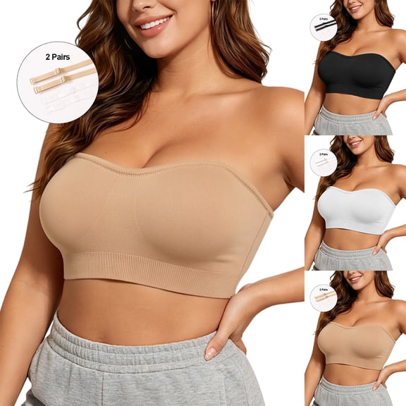 Wutalume Women's Strapless Bandeau Bras - Includes 2 Pairs Straps, Versatile Strapless Bra for Halter, Cross-Back, or Everyday Chic,Black 32