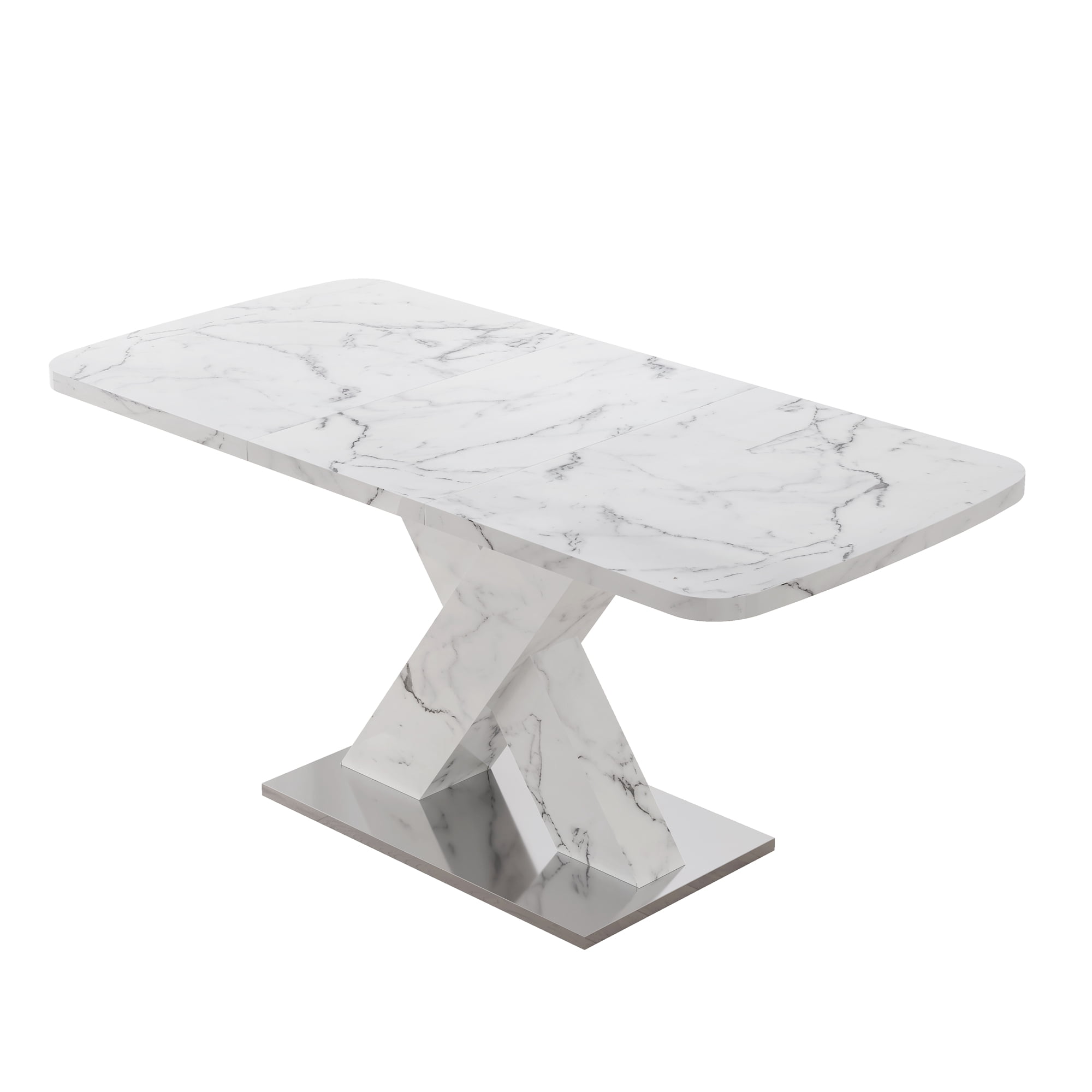 Stretchable Dining Table, Modern Square Dining Table, white Marble Table Top+MDF X-Shape Table Leg with Metal Base