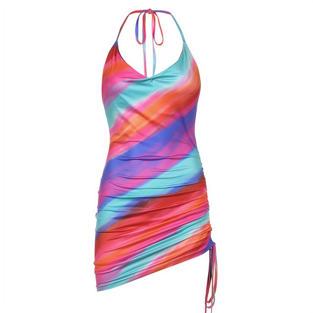 Vestido plisado con cuello halter y cuello halter para mujer, sexy, de verano, para fiesta, piscina, arcoíris Zhivalor HMJM259-3