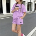 thumbnail image 2 of oqasdz Toddler Children Girls Summer Outfits Bow Print Short Sleeve Loose Fit Workout Set T Shirts and Shorts for Gym Running Casual Sporty Clothing Sets,Purple,2-3 Years, 2 of 7