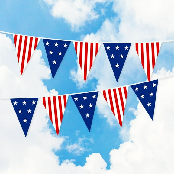 G128 American USA Star & Stripe Pennant Banner | Flag 7 x 8 Inch, Full String 9.8 Feet | Printed 150D Polyester, Decorations For Bar, School, Festival Events Celebration (Total 10 PCS)