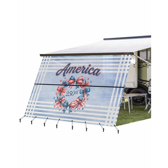 4th of July RV Awning Sun Shade Screen 9'X15.3' America 250th Bow Wreath Mesh Sunscreen Patriotic Star Stripes Awning Shade Screen with Zipper UV Blocker Completed Kits for RV Motorhome Camper