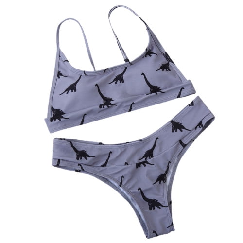 HEVIRGO U-neck Spaghetti Straps Summer Bikini Two Pieces Dinosaur Print Bra  Swimming Briefs Set for Swimming Pool 