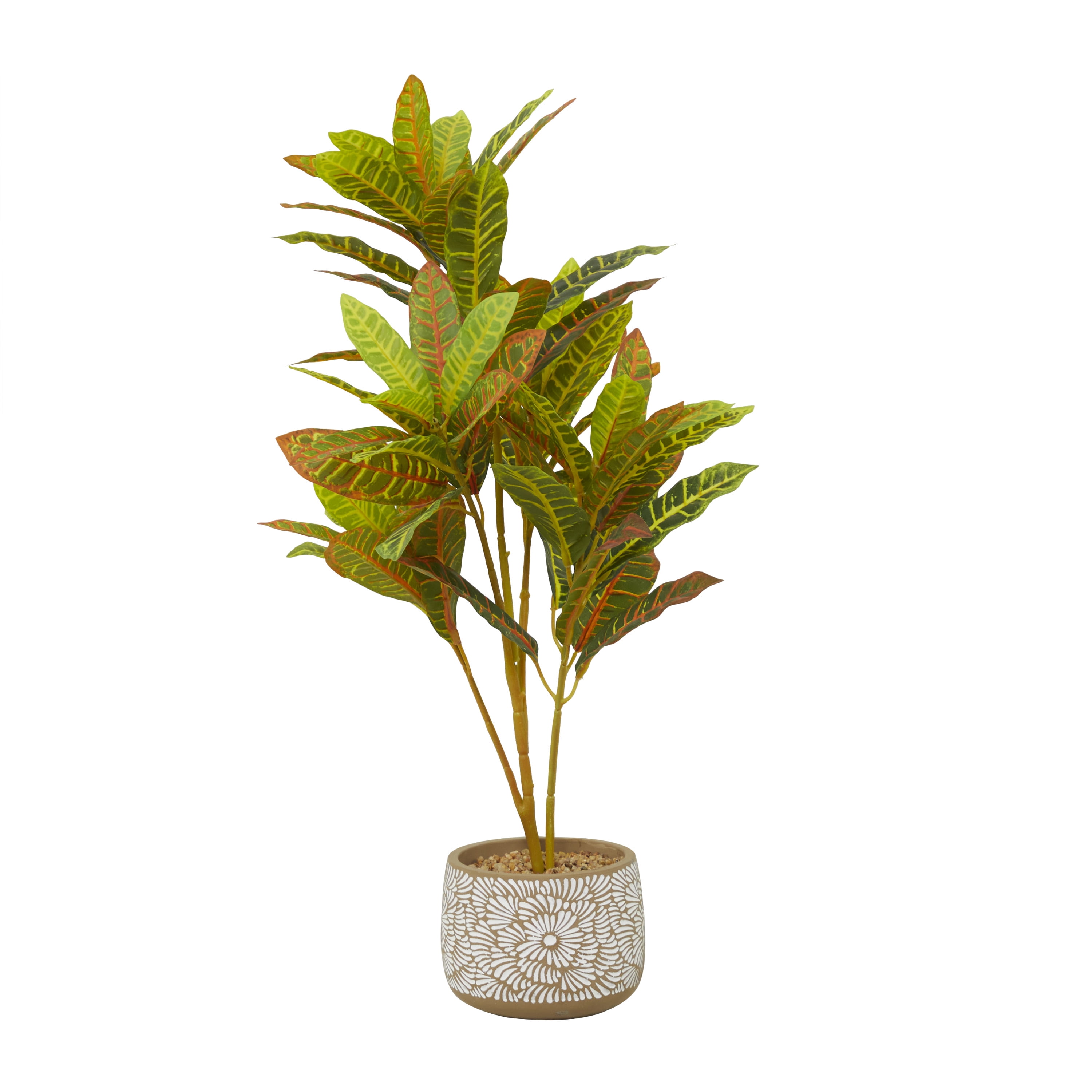 DecMode 30" Artificial Crotons Plant in Realistic Leaves and Floral Patterned Pot