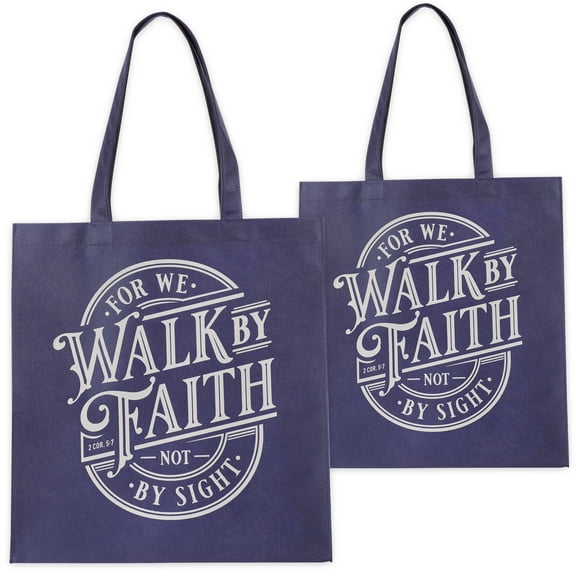 Christian Art Gifts Large Reusable Shopping Tote Bag for Women & Men: Walk By Faith Inspirational Bible Verse Durable Chic Handbag, Groceries, Supplies, Reinforced Easy-Carry Handles, Navy Blue & Gray