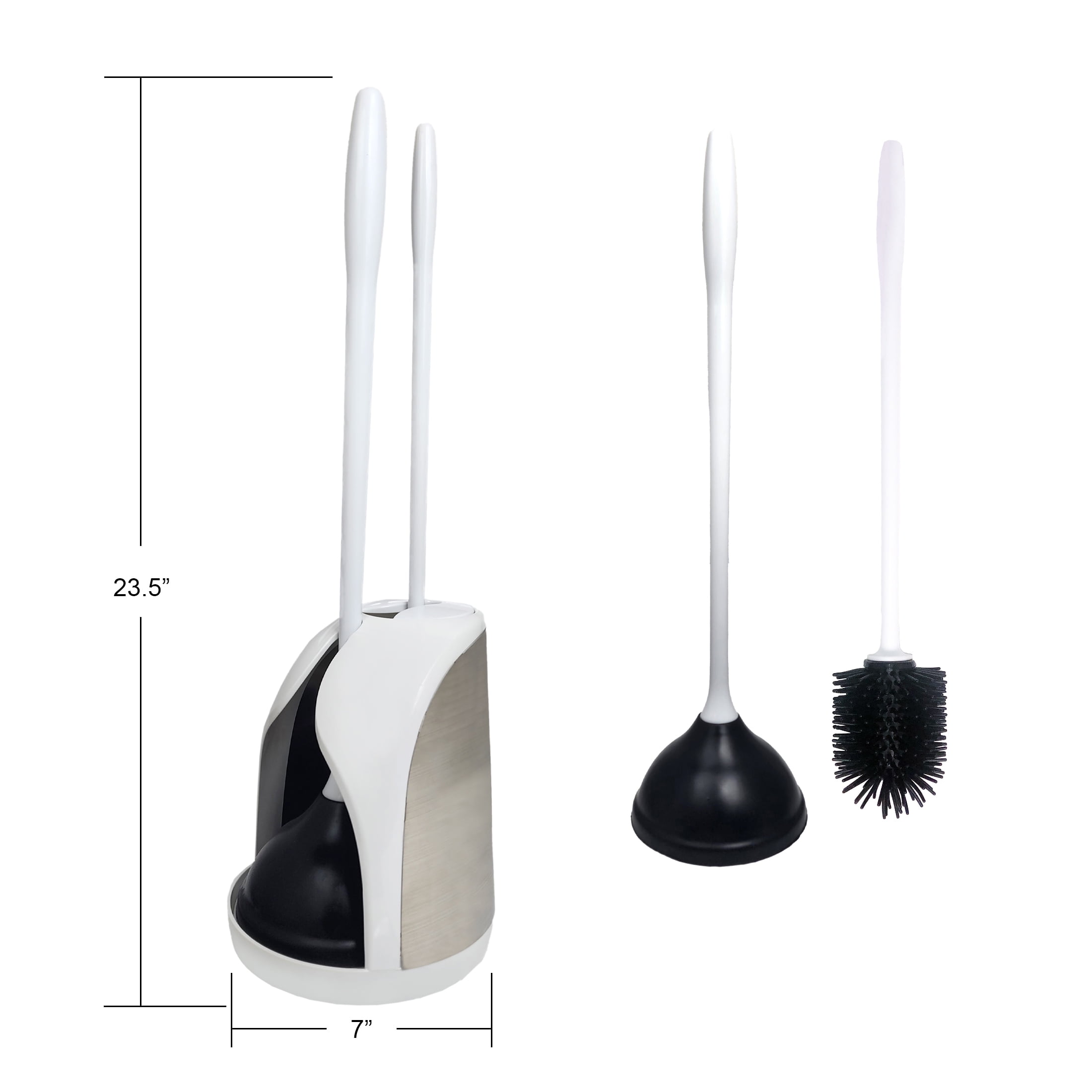 Dr. Rooter Freestanding Bath Caddy Set with Toilet Brush and Plunger, White and Brushed Stainless Steel, 1 Set