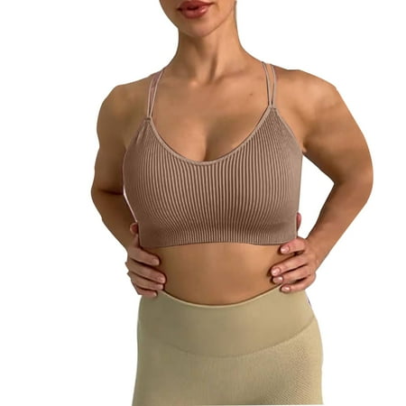 Push Up Sports Bras for Women Sexy Cross Back Ribbed Backless Bralette Wirefree Full Coverage Yoga Running Bra  Brown  L