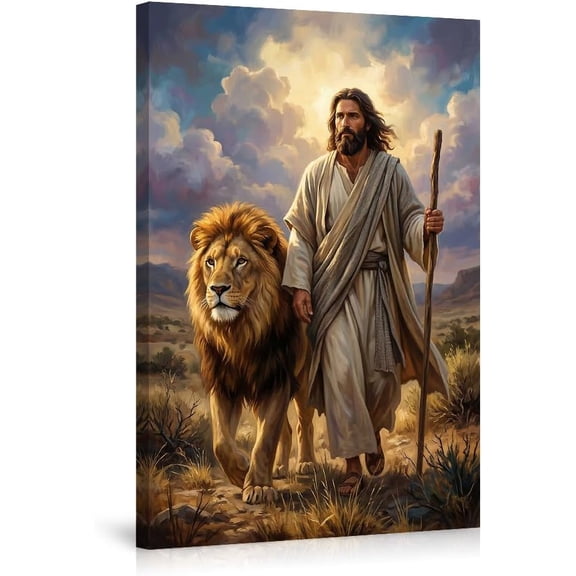 Christian Jesus Christ and Lion Canvas Wall Art Painting - Inspirational Religious Faith Home Decor Giclee Print Artwork for Living Room Bedroom and Office