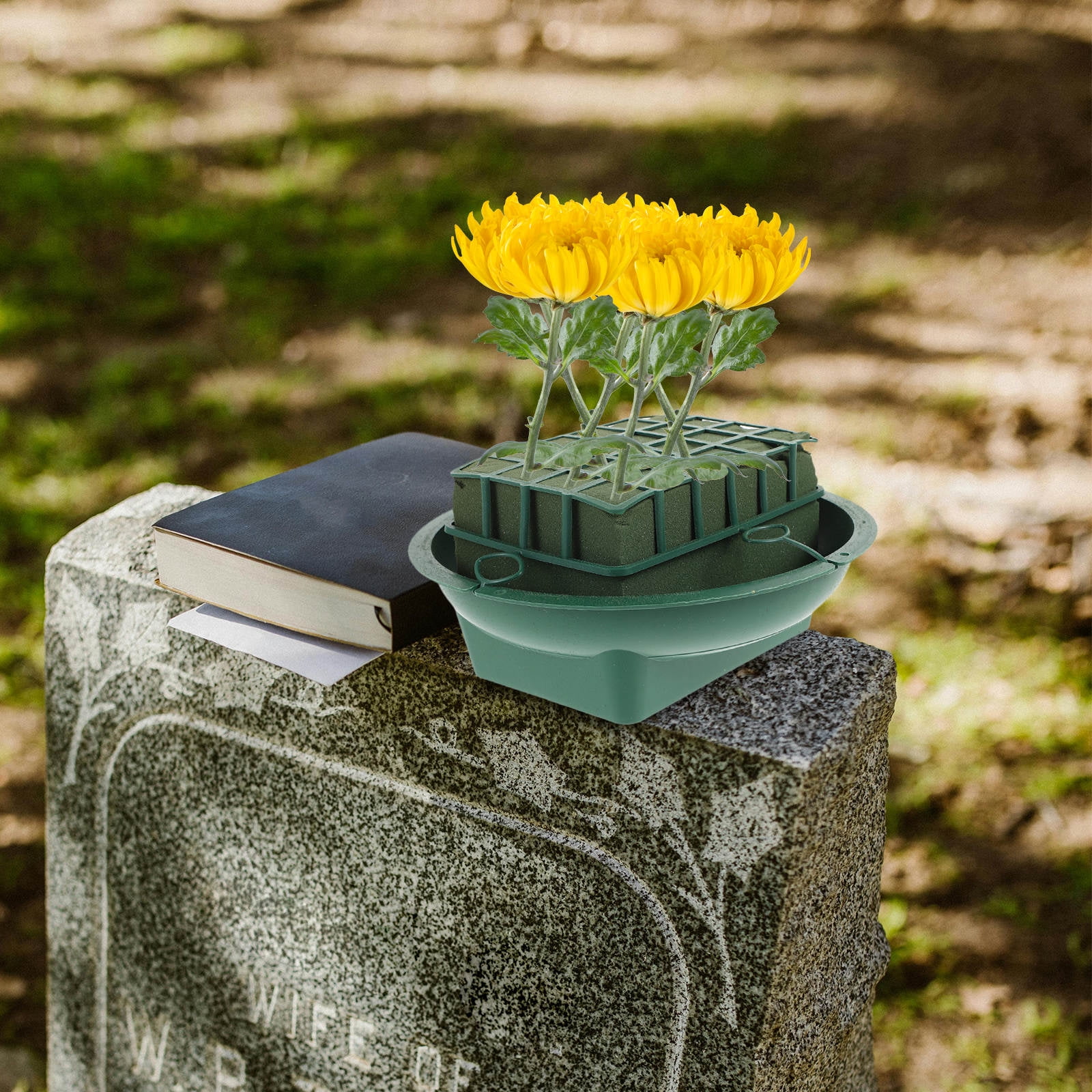 RENACLIPY 4 Sets Floral Saddle Flower Holders with Green Foam Tray for Cemetery Headstone Memorial Decoration