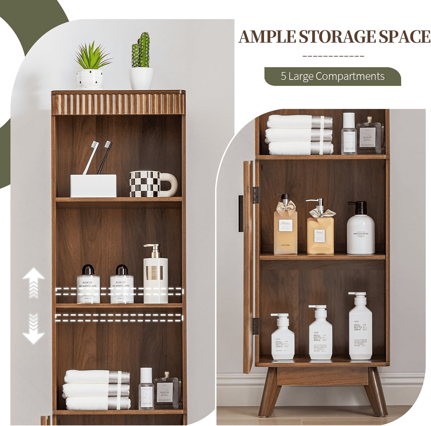 LEFHDA 68" Bathroom Storage Cabinet with Doors, Narrow Tall Fluted Cabinet, Wooden Mid-century Modern Cabinet with Adjustable Shelf, Bathroom Kitchen Living Room