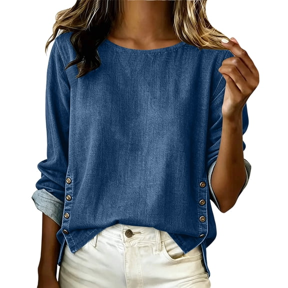 Levmjia Women Solid Color Denim Blouse Soft Breathable Denim Relaxed Loose Fit Long Sleeve Casual Pullover Shirt Office Commute Holiday Travel Daily Versatile Everyday Outfit