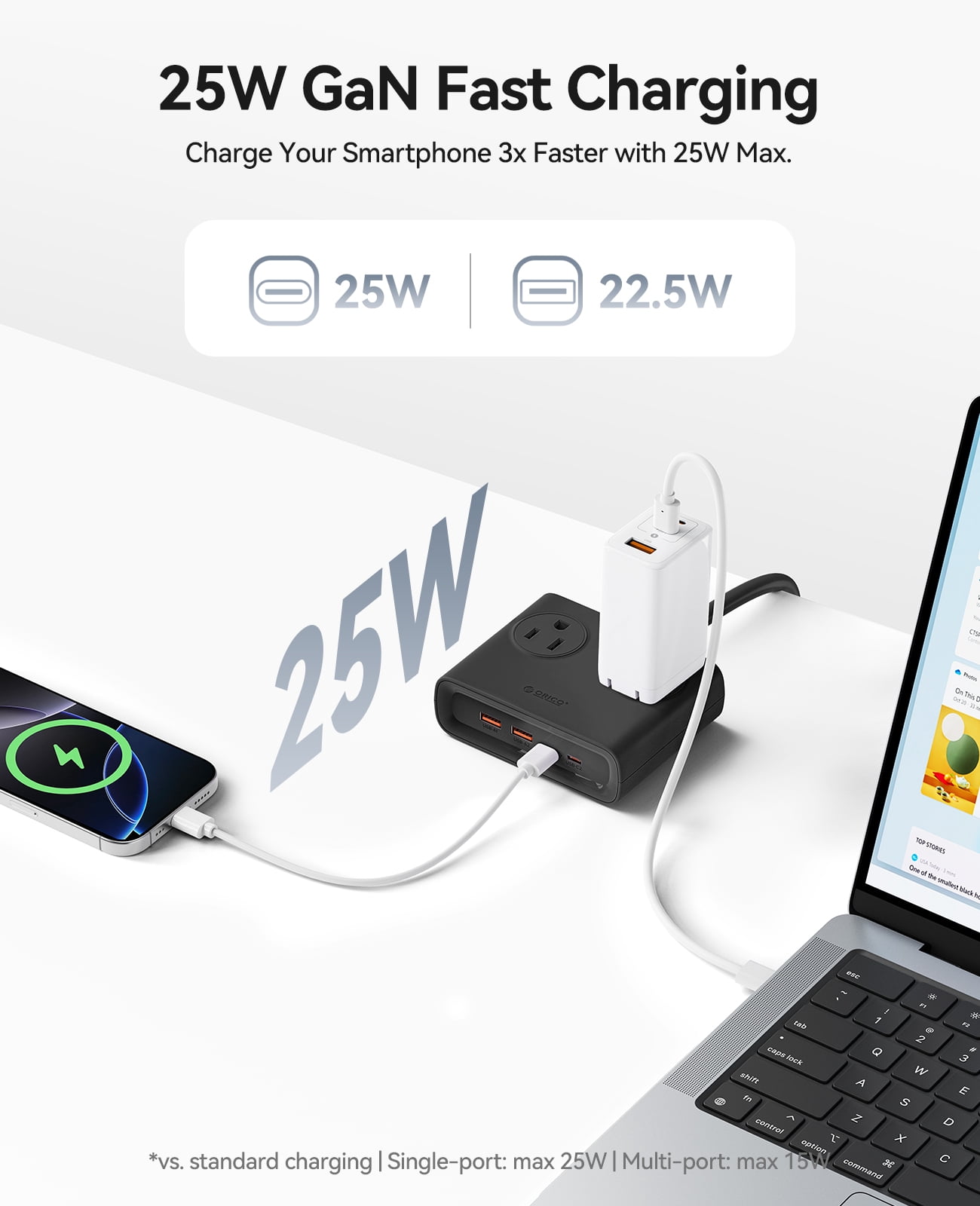 ORICO 25W GaN 8-in-1 Power Strip with 4 AC Outlets & 4 USB Ports (USB-A/USB-C), 5ft Flat Plug Outlet Extender for Home Office Travel(BLACK)