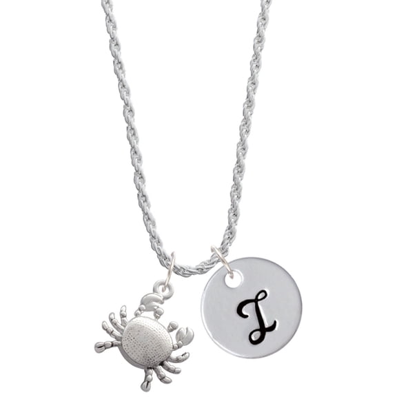 Delight Jewelry Silvertone Antiqued Crab Silvertone Script Initial Disc - I - Charm Necklace, 20"+3"