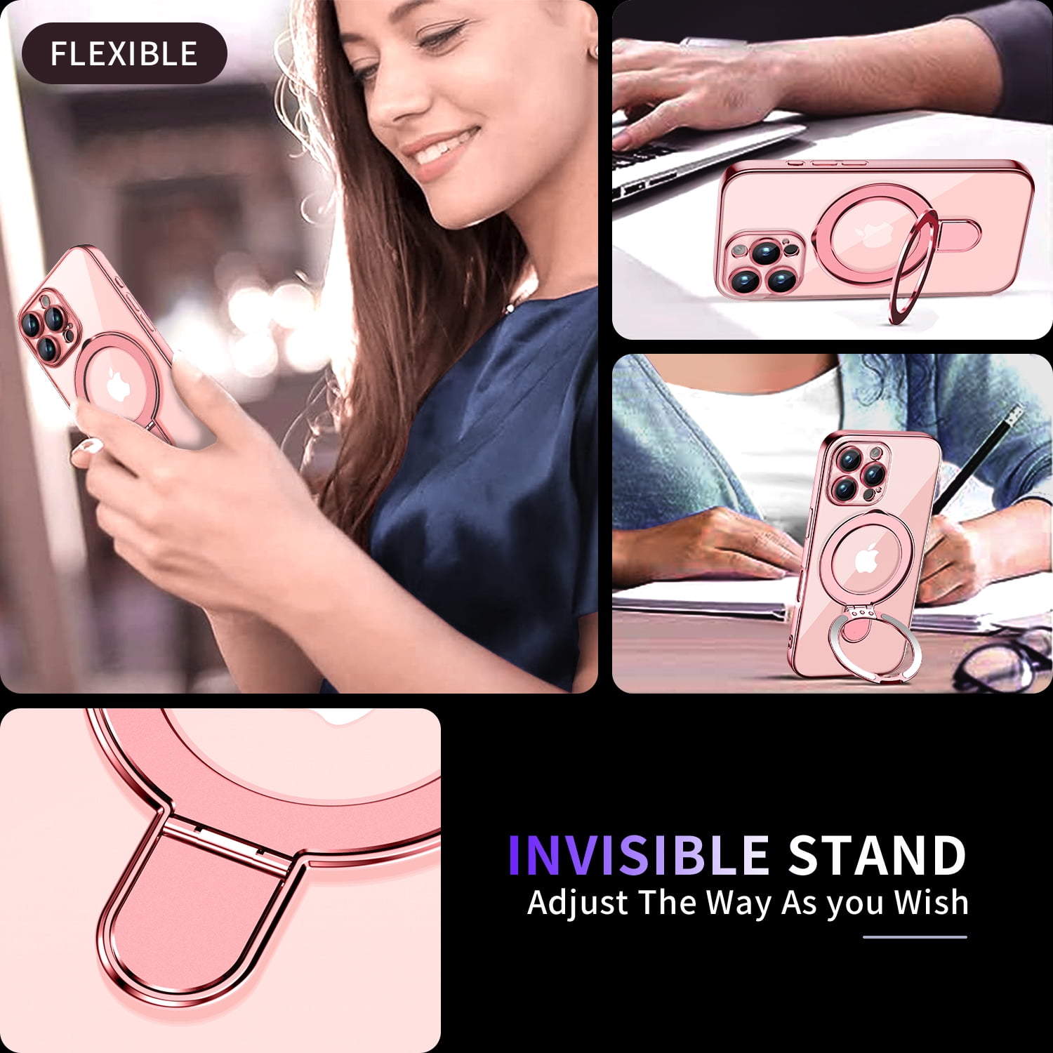 JETeacka Magnetic for iPhone 16 Pro Case with Invisible Kickstand, MagSafe Compatible Camera Protection Shockproof Not Yellowing Slim Soft Cover, Pink