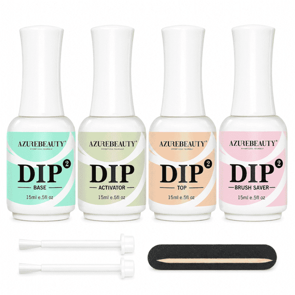AZUREBEAUTY 4 4pc Dip Powder Liquid Set, 15ml/0.5oz, with Base/Top Coat, Activator, Brush Saver, Nail File– Fast Drying Formula, No UV Light Needed