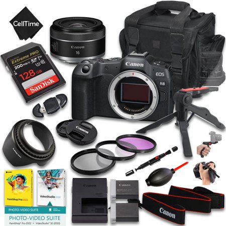 Canon EOS R8 Mirrorless Camera with RF 16mm f/2.8 STM Lens + 128 GB Memory + Extra Battery + Camera Case + Grip Tripod + More (20pc Bundle)