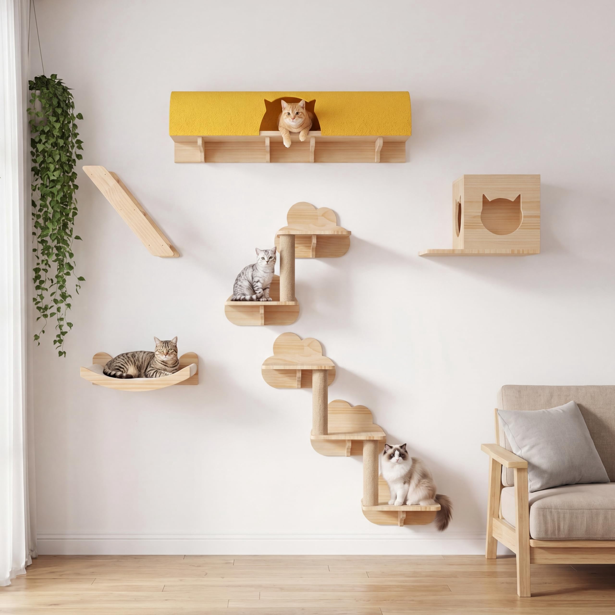 Cat Wall Shelves With Tunnel  12-in-1 Solid Wood Mounted Furniture Cave & Steps Multi-level Climbing Systems Space Saving Floating